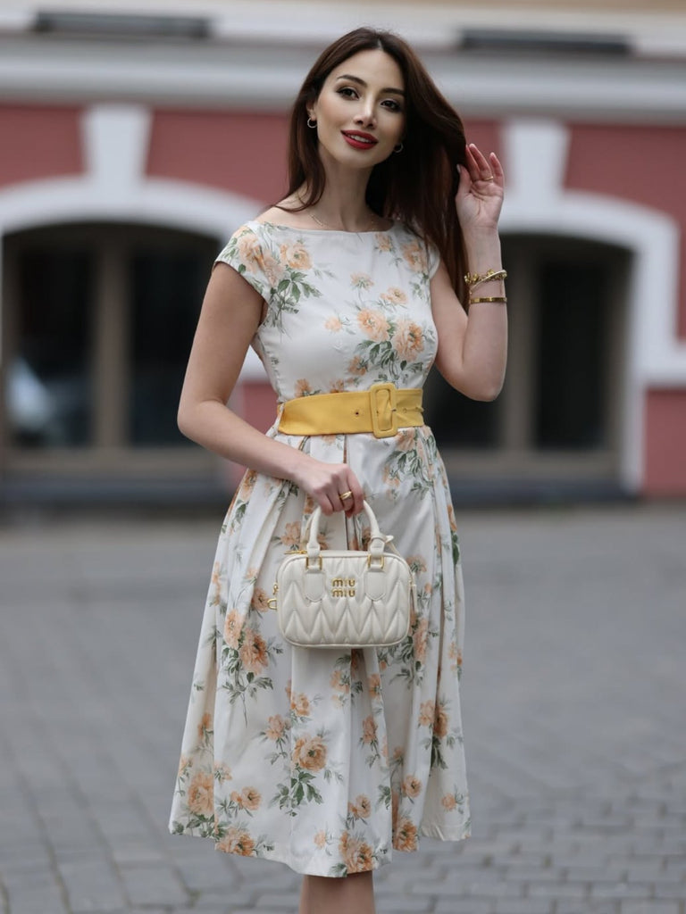 Gelb 1950er Bootskragen Antiquität Blumen Kleid