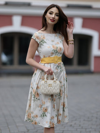 Gelb 1950er Bootskragen Antiquität Blumen Kleid