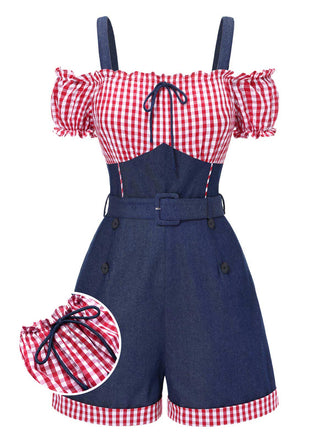 1950er Schulterfrei Plaids Kontrast Denim Romper