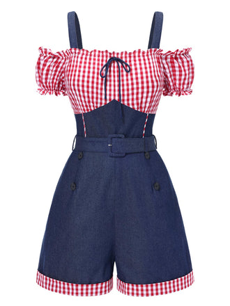 1950er Schulterfrei Plaids Kontrast Denim Romper