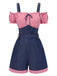 [Vorverkauf] 1950er Schulterfrei Plaids Kontrast Denim Romper