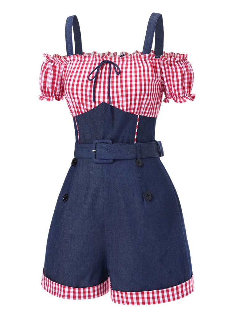 [Vorverkauf] 1950er Schulterfrei Plaids Kontrast Denim Romper