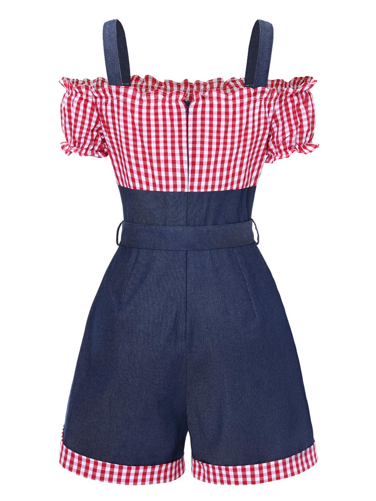 [Vorverkauf] 1950er Schulterfrei Plaids Kontrast Denim Romper