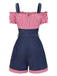 [Vorverkauf] 1950er Schulterfrei Plaids Kontrast Denim Romper