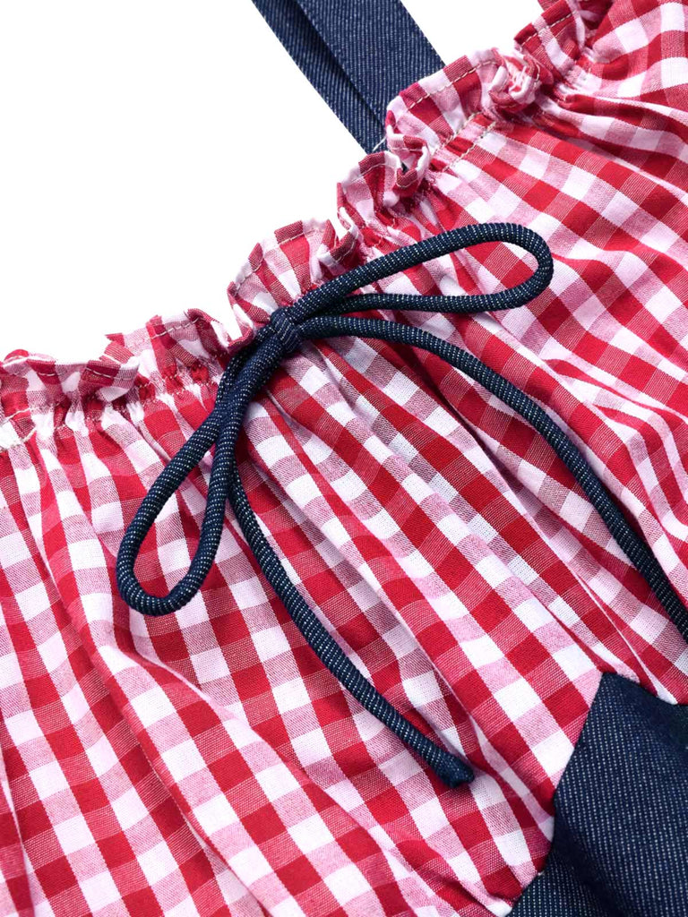[Vorverkauf] 1950er Schulterfrei Plaids Kontrast Denim Romper