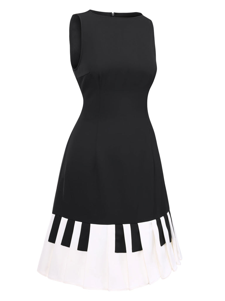 Schwarz 1960er Boot Ausschnitt Klaviertaste Patchwork Kleid