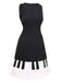Schwarz 1960er Boot Ausschnitt Klaviertaste Patchwork Kleid