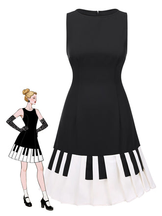 [Vorverkauf] Schwarz 1960er Boot Ausschnitt Klaviertaste Kleid