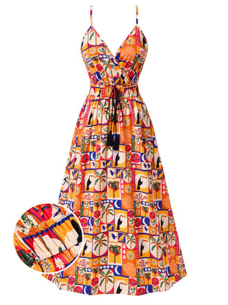 [Vorverkauf] Mehrfarbig 1970er Bohemien Tropisch Blumen Kleid