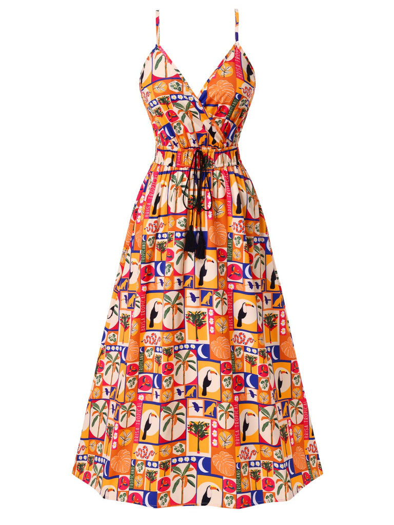 [Vorverkauf] Mehrfarbig 1970er Bohemien Tropisch Blumen Kleid