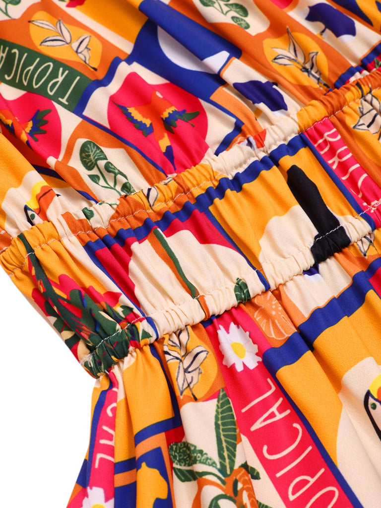 [Vorverkauf] Mehrfarbig 1970er Bohemien Tropisch Blumen Kleid