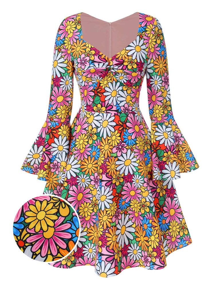 1960er Ausgestellte Ärmel Bunt Kleine Blumen Kleid