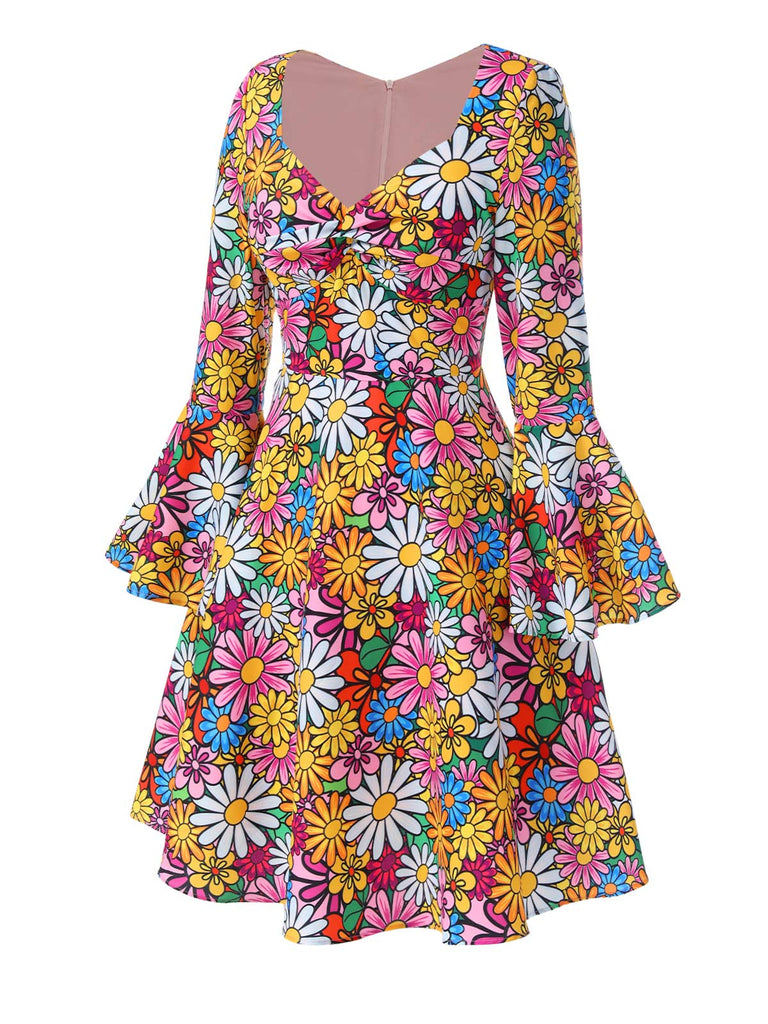 1960er Ausgestellte Ärmel Bunt Kleine Blumen Kleid