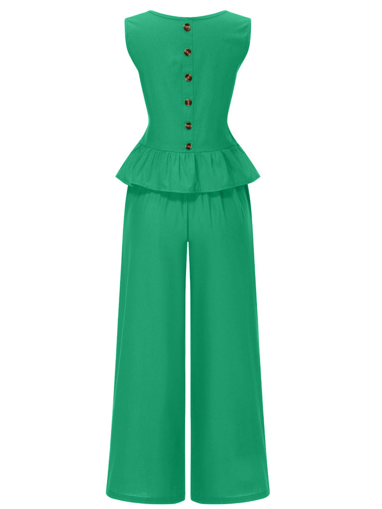 2PCS 1940er Solide Rüschen Tank Top & Gerade Hosen