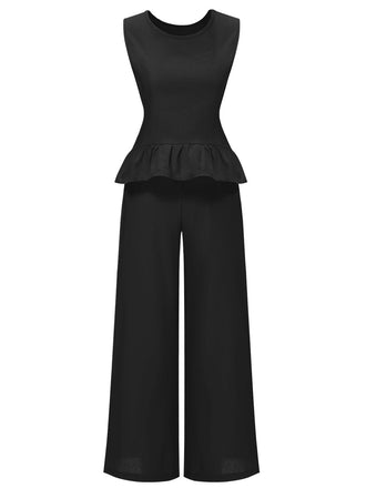 2PCS 1940er Solide Rüschen Tank Top & Gerade Hosen