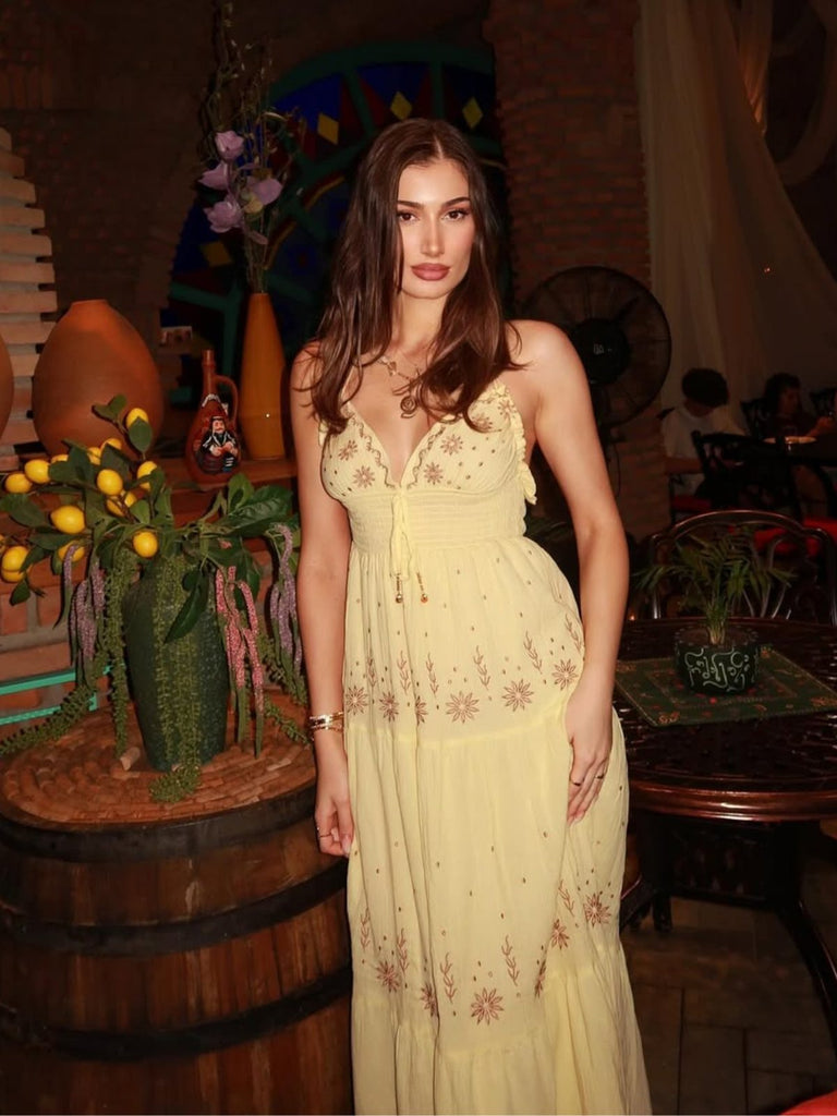 Aprikose 1930er V-Ausschnitt Stickerei Blumen Kleid