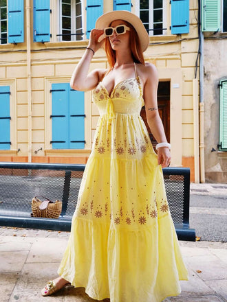 Aprikose 1930er V-Ausschnitt Stickerei Blumen Kleid