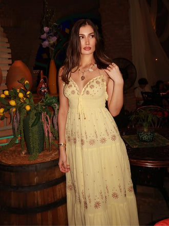 Aprikose 1930er V-Ausschnitt Stickerei Blumen Kleid