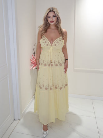 Aprikose 1930er V-Ausschnitt Stickerei Blumen Kleid