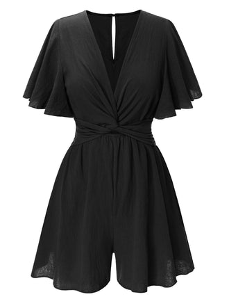 Schwarz 1950er Solide V-Ausschnitt Baumwolle Volantärmel Romper