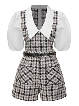 Schwarz & Weiß 1970er Revers Plaid Gürtel Romper