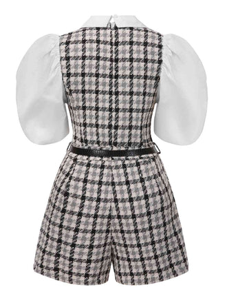 Schwarz & Weiß 1970er Revers Plaid Gürtel Romper