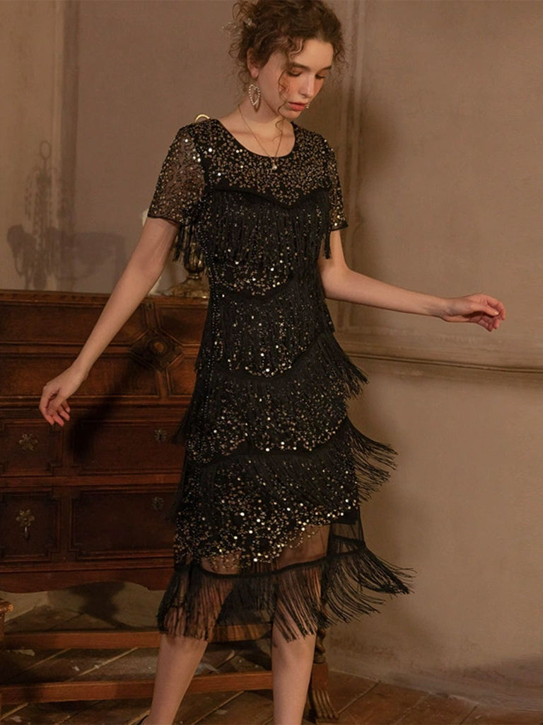 Schwarz 1920er Pailletten Tassel Flapper Kleid