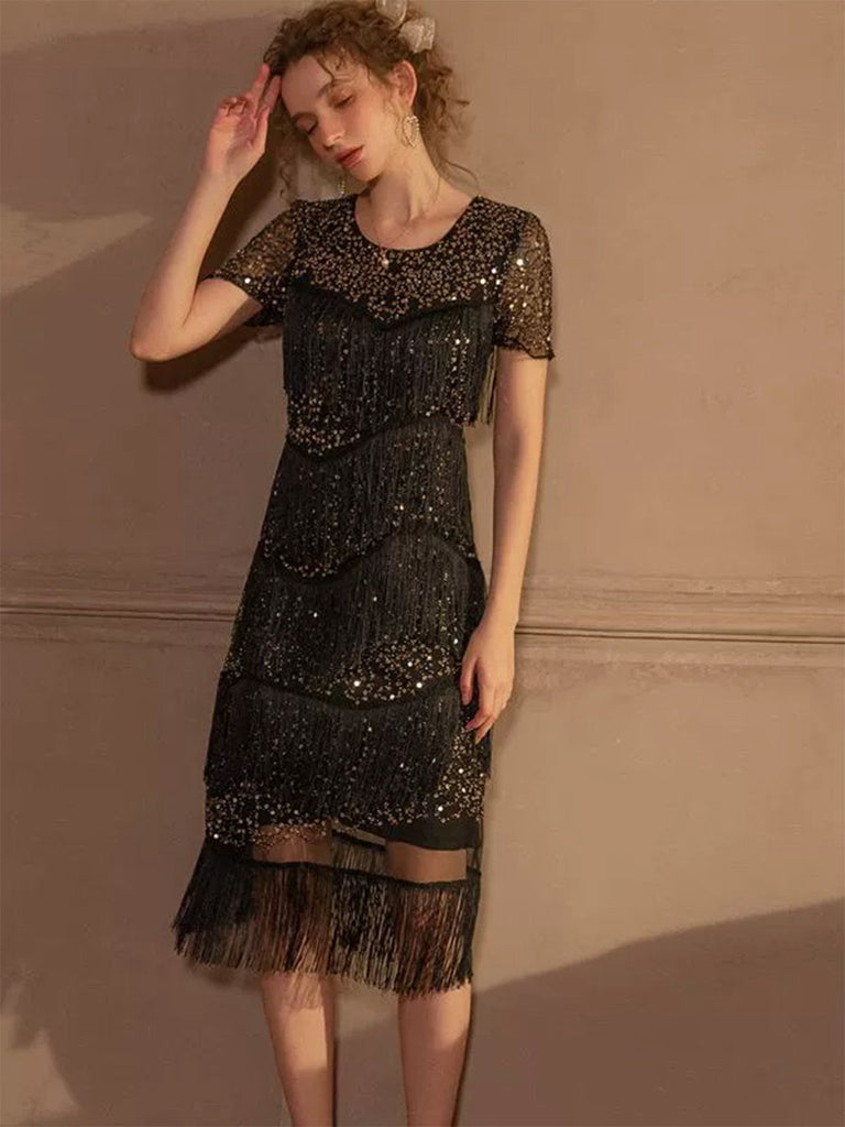 Schwarz 1920er Pailletten Tassel Flapper Kleid