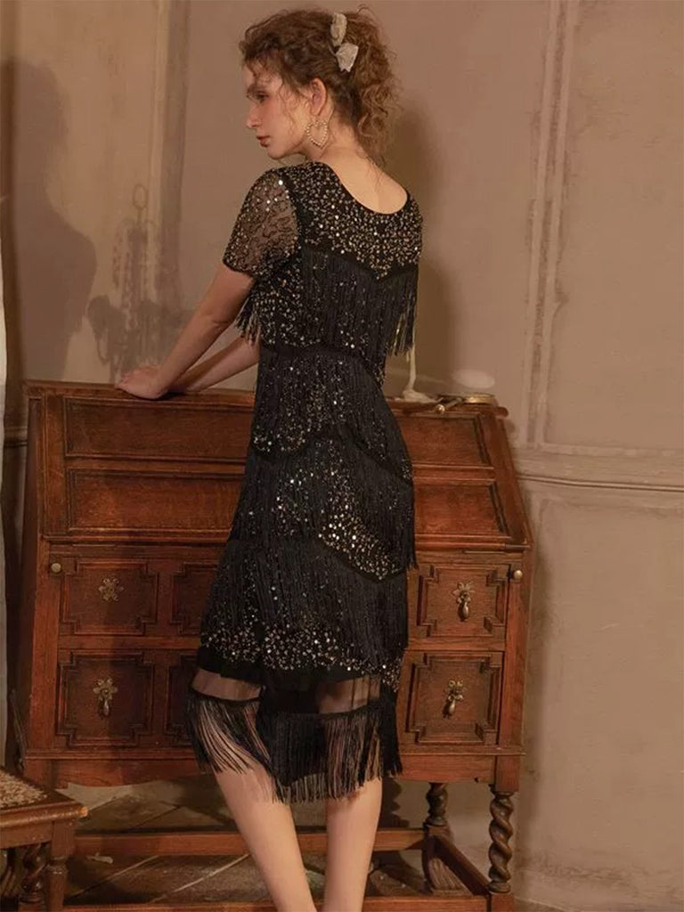 Schwarz 1920er Pailletten Tassel Flapper Kleid