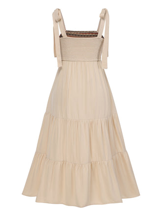 Beige 1950er Boho-Stil Schulterkrawatte Kleid