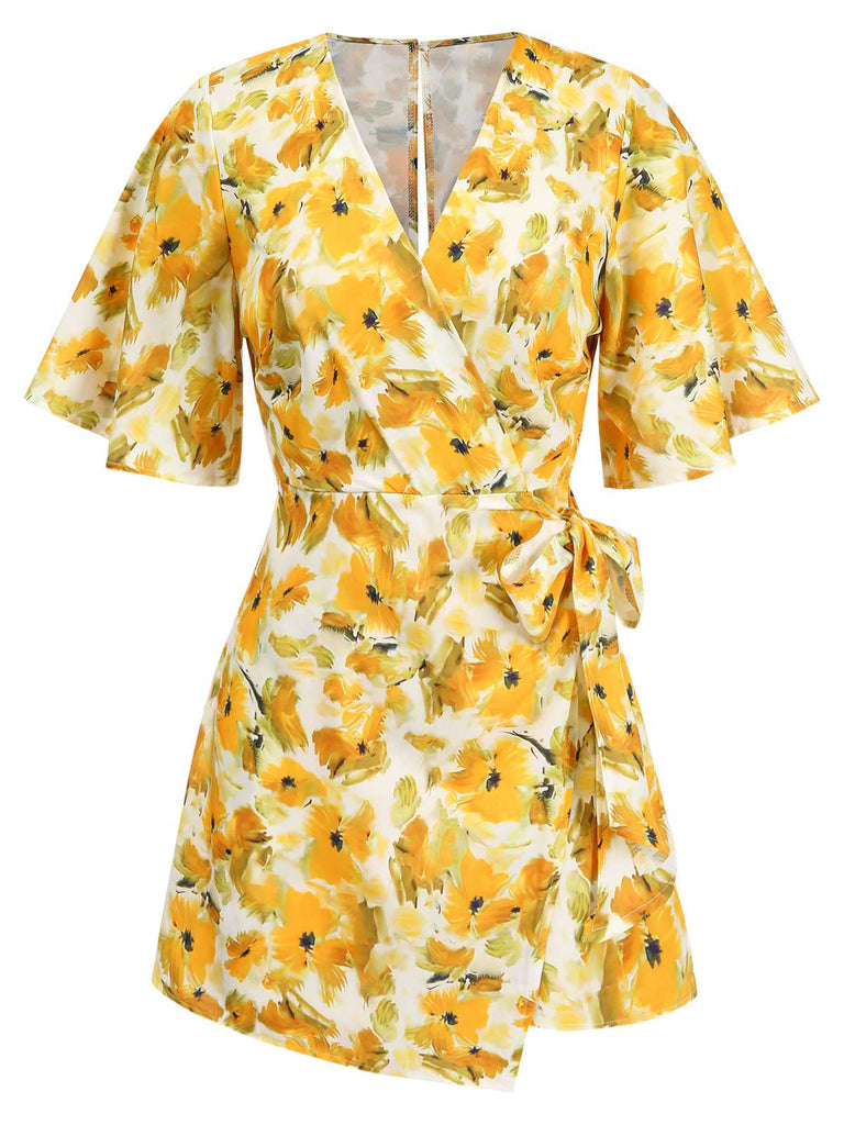 1930er V-Ausschnitt Ölgemälde Blumen Romper