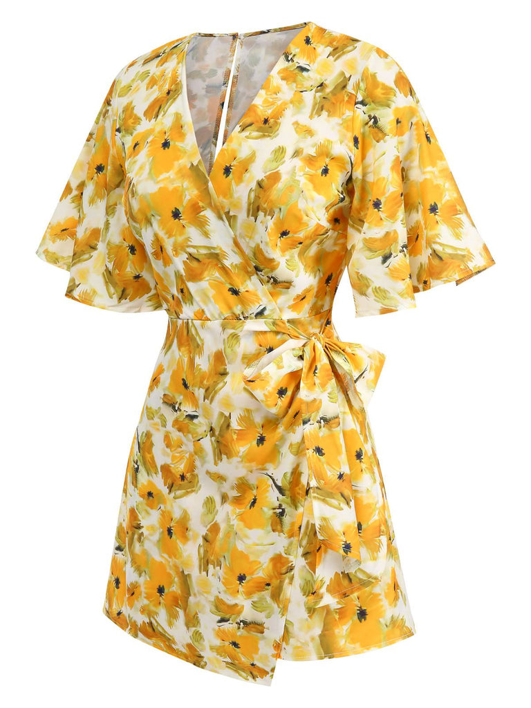 1930er V-Ausschnitt Ölgemälde Blumen Romper