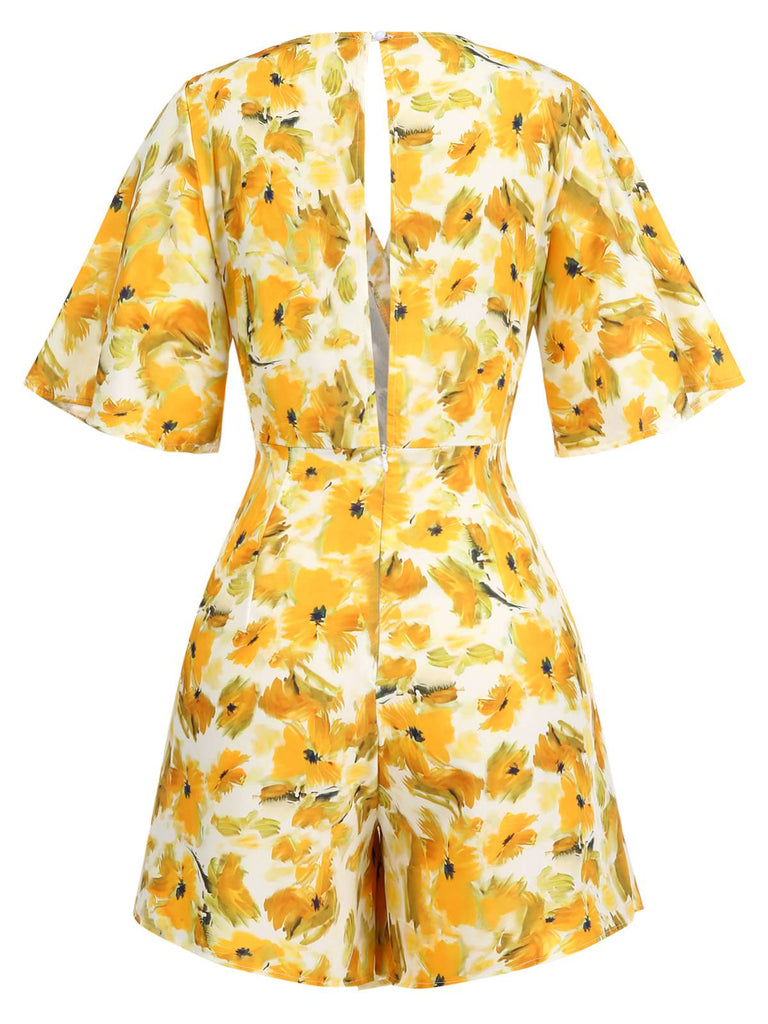 1930er V-Ausschnitt Ölgemälde Blumen Romper