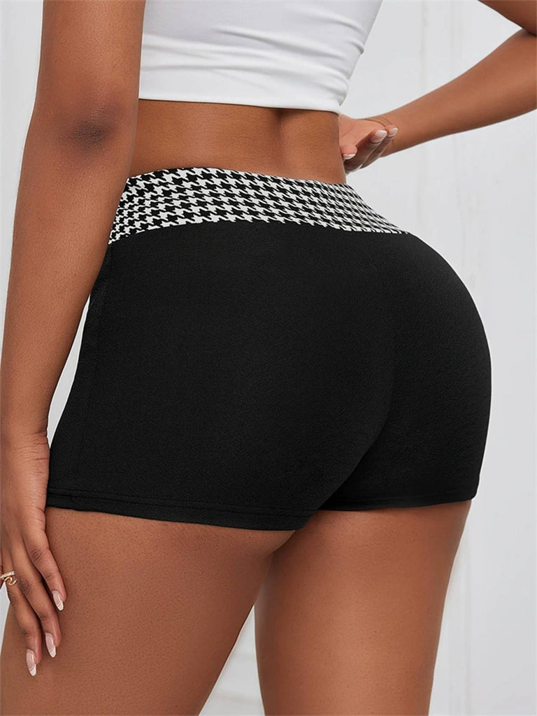 Schwarz 1970er Hahnentritt Patchwork Enge Shorts