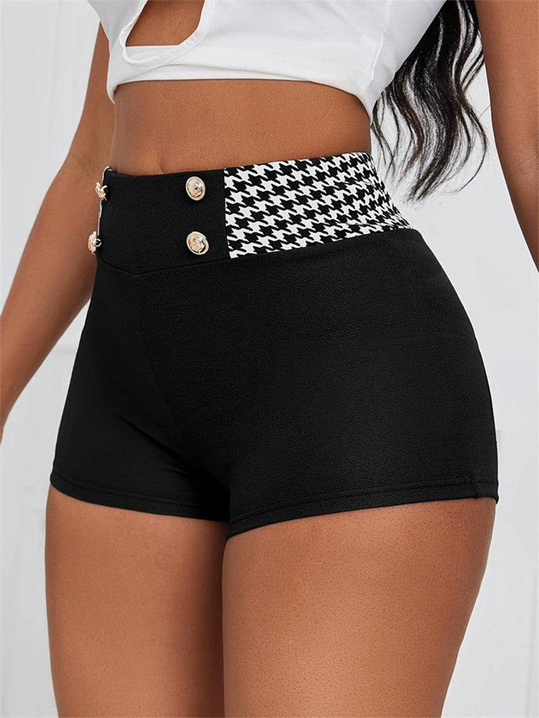 Schwarz 1970er Hahnentritt Patchwork Enge Shorts
