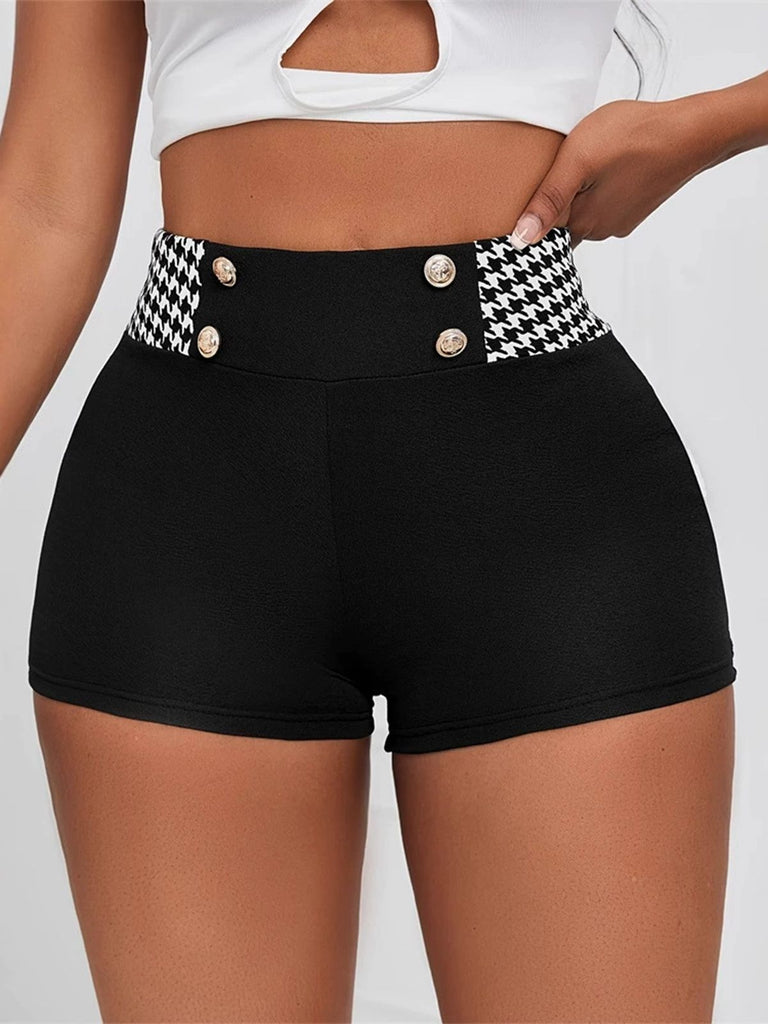 Schwarz 1970er Hahnentritt Patchwork Enge Shorts