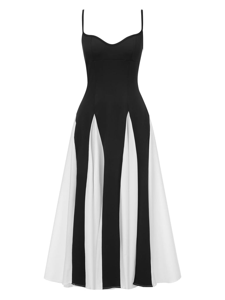 Schwarz & Weiß 1930er Solide Patchwork Maxi Kleid
