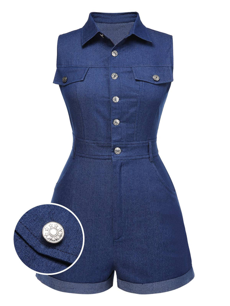 Cowgirl Blau 1970er Solide Baumwolle Ärmellos Denim Romper