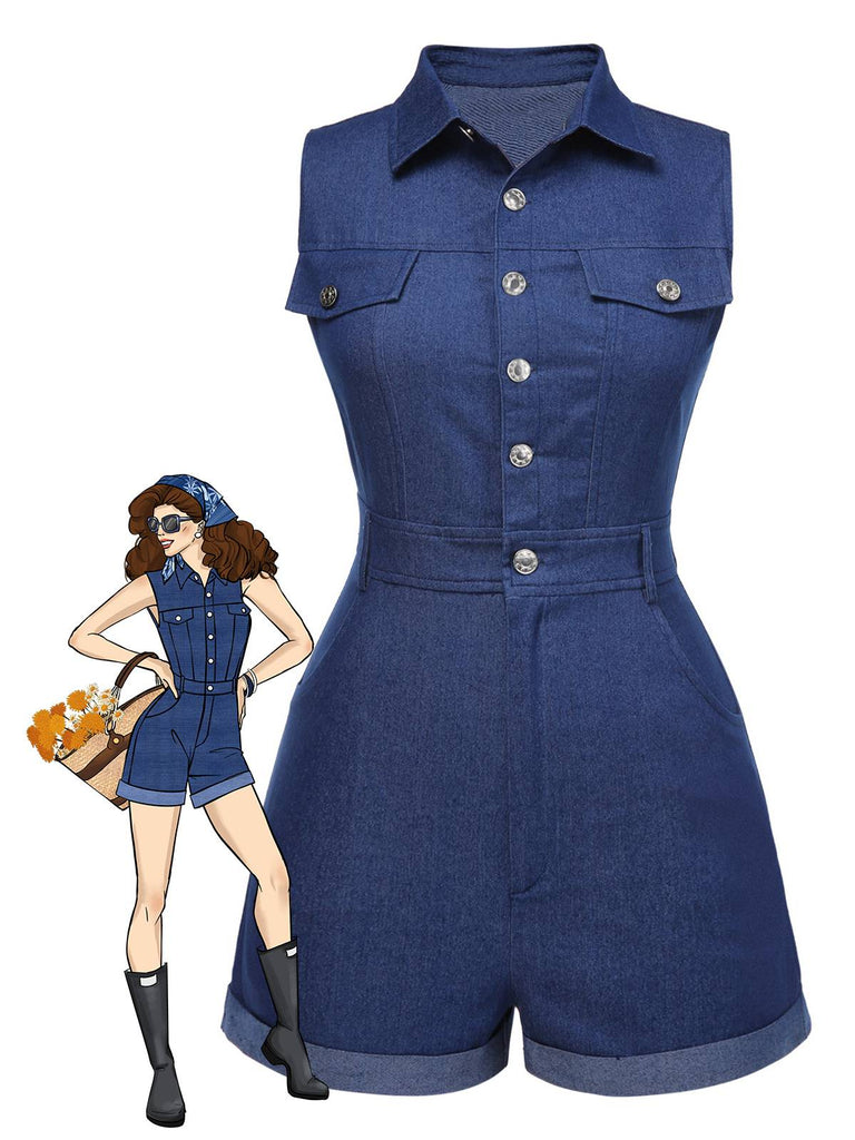 Cowgirl Blau 1970er Solide Baumwolle Ärmellos Denim Romper