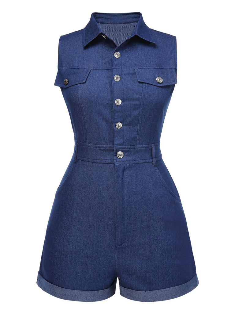 Cowgirl Blau 1970er Solide Baumwolle Ärmellos Denim Romper