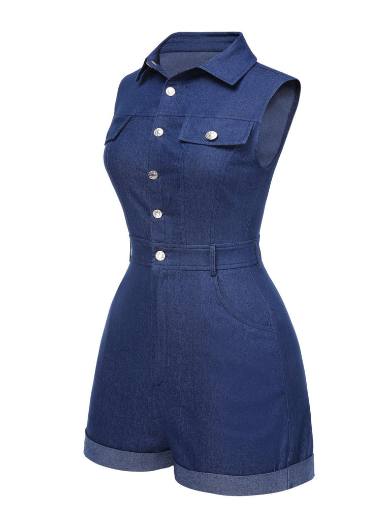 Cowgirl Blau 1970er Solide Baumwolle Ärmellos Denim Romper
