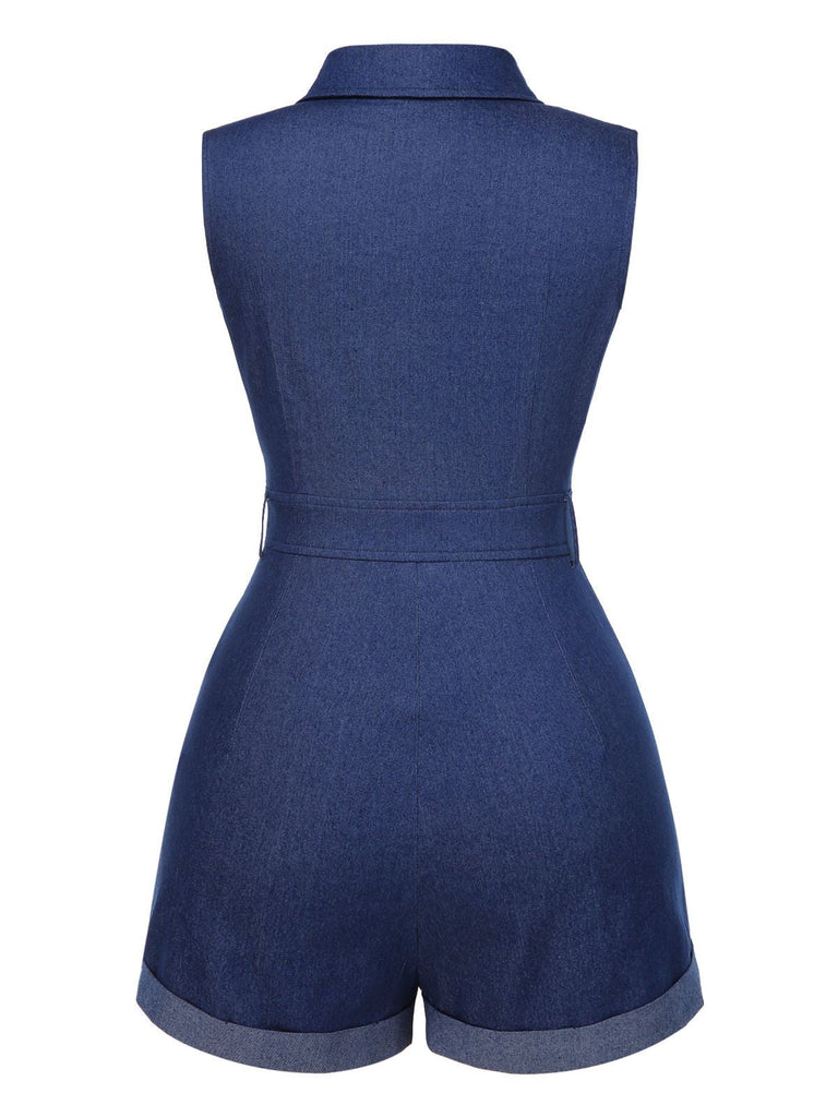 Cowgirl Blau 1970er Solide Baumwolle Ärmellos Denim Romper