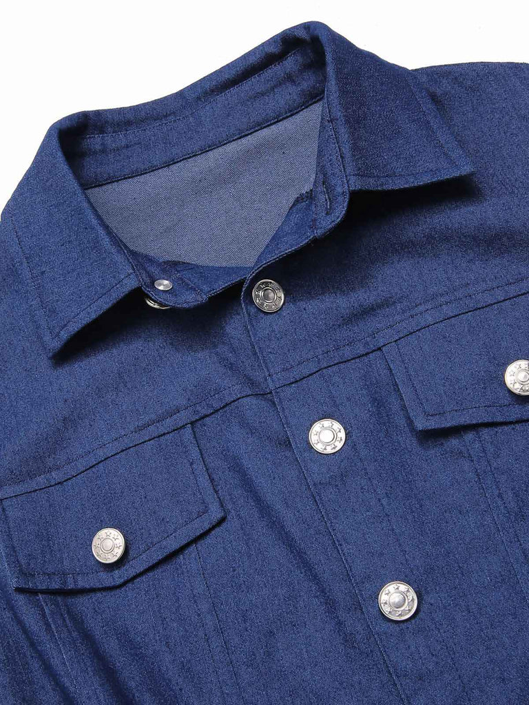 Cowgirl Blau 1970er Solide Baumwolle Ärmellos Denim Romper