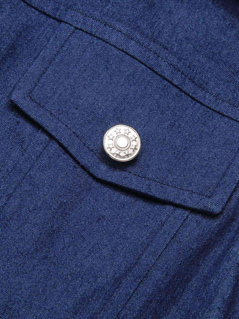 Cowgirl Blau 1970er Solide Baumwolle Ärmellos Denim Romper