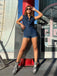 Cowgirl Blau 1970er Solide Baumwolle Ärmellos Denim Romper