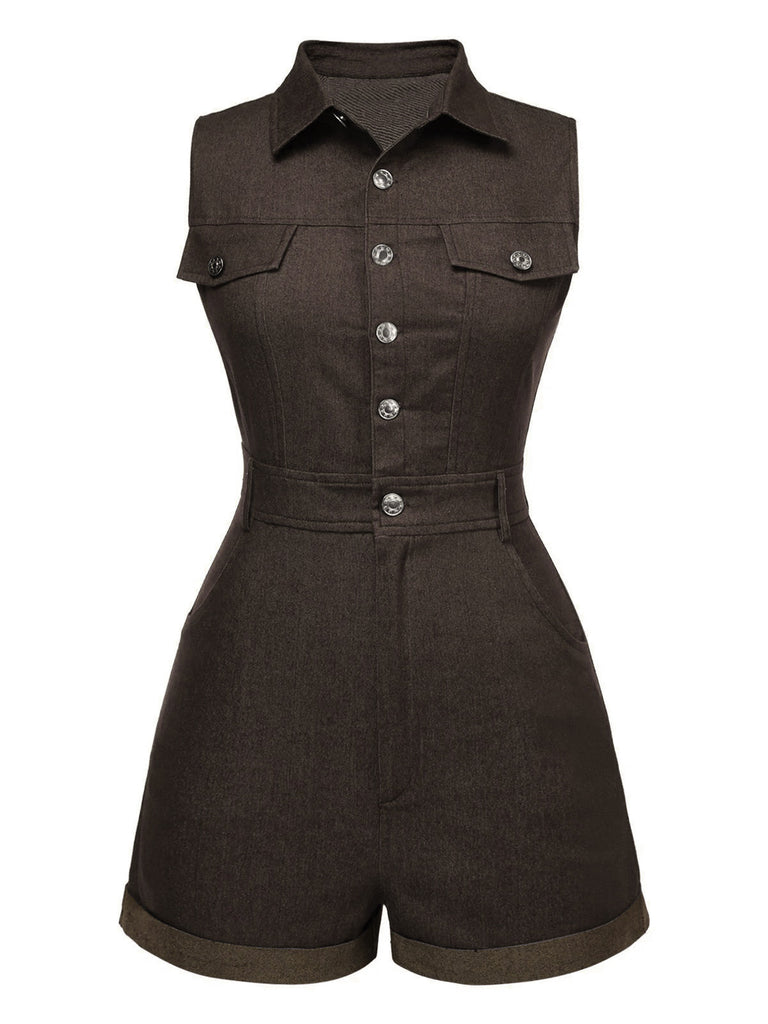 Cowgirl Blau 1970er Solide Baumwolle Ärmellos Denim Romper
