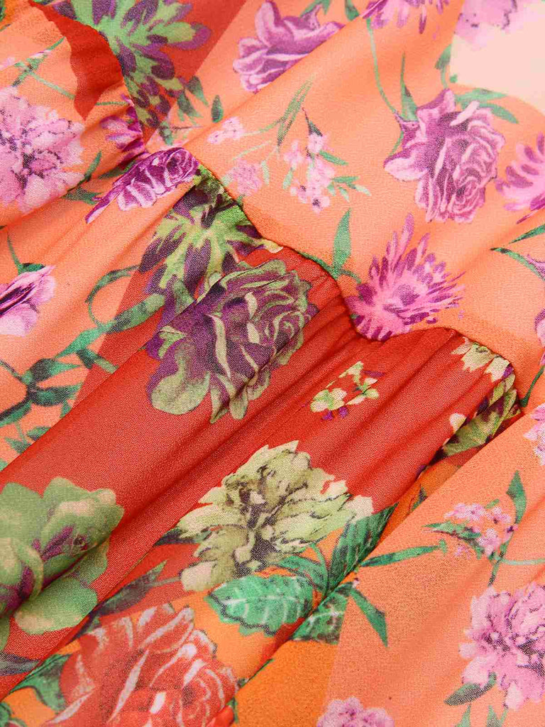 Multicolor 1930er Herzförmiger Hals Blumen Maxi Kleid