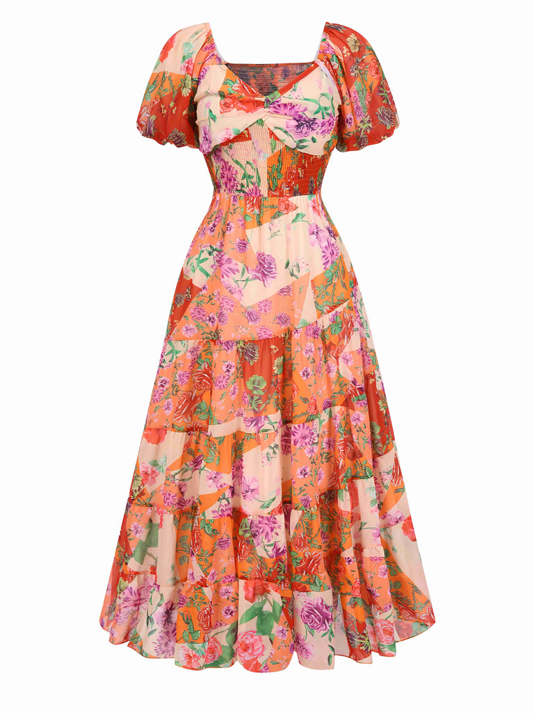 Multicolor 1930er Herzförmiger Hals Blumen Maxi Kleid