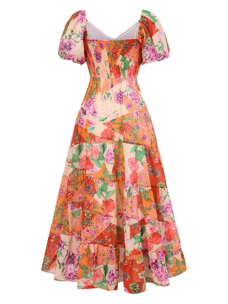 Multicolor 1930er Herzförmiger Hals Blumen Maxi Kleid