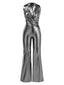 Silber 1970er V-Ausschnitt Halter Pailletten Jumpsuit
